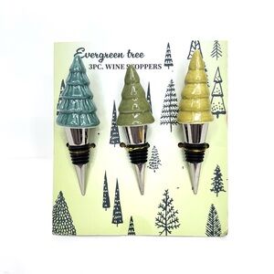 3Pc Glazed Ceramic Evergreen Tree Wine Stopper Toppers Set By Tabletop Unltd